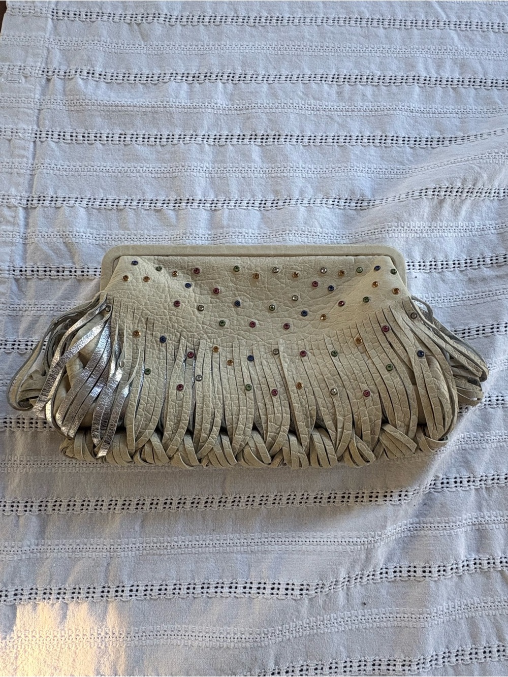 Ivory Fringe Clutch with Multicolor Stud Accents